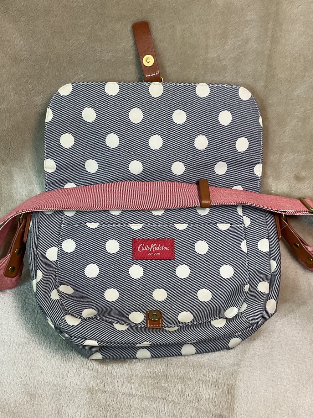 Cath Kidston Navy Polka Dot Crossbody with Pink Strap and Brown Trim